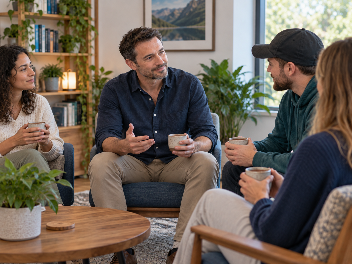 A facilitator guiding a relaxed daytime cacao ceremony with a small group