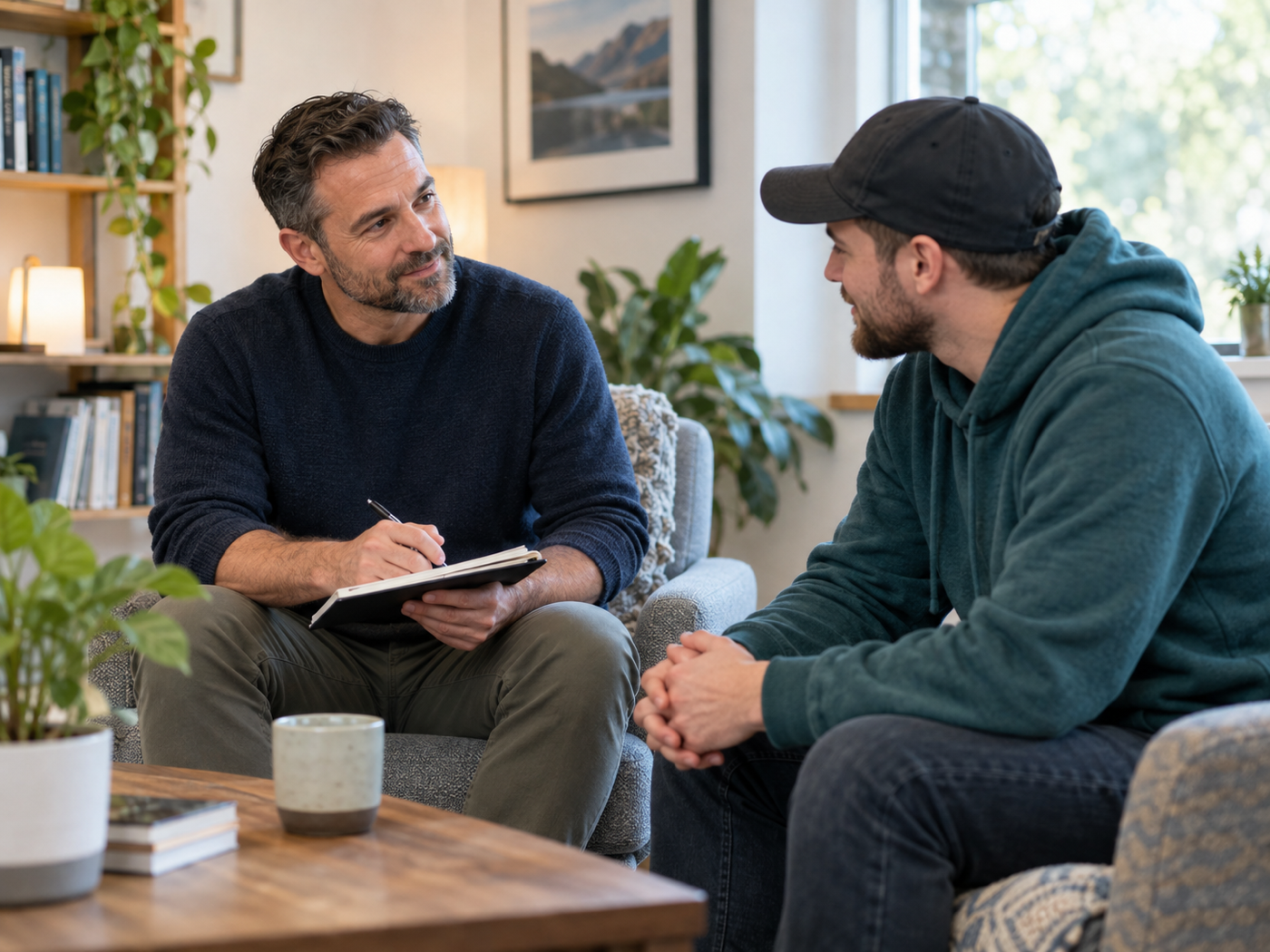 A recovery mentor offering warm, practical support in a relaxed setting